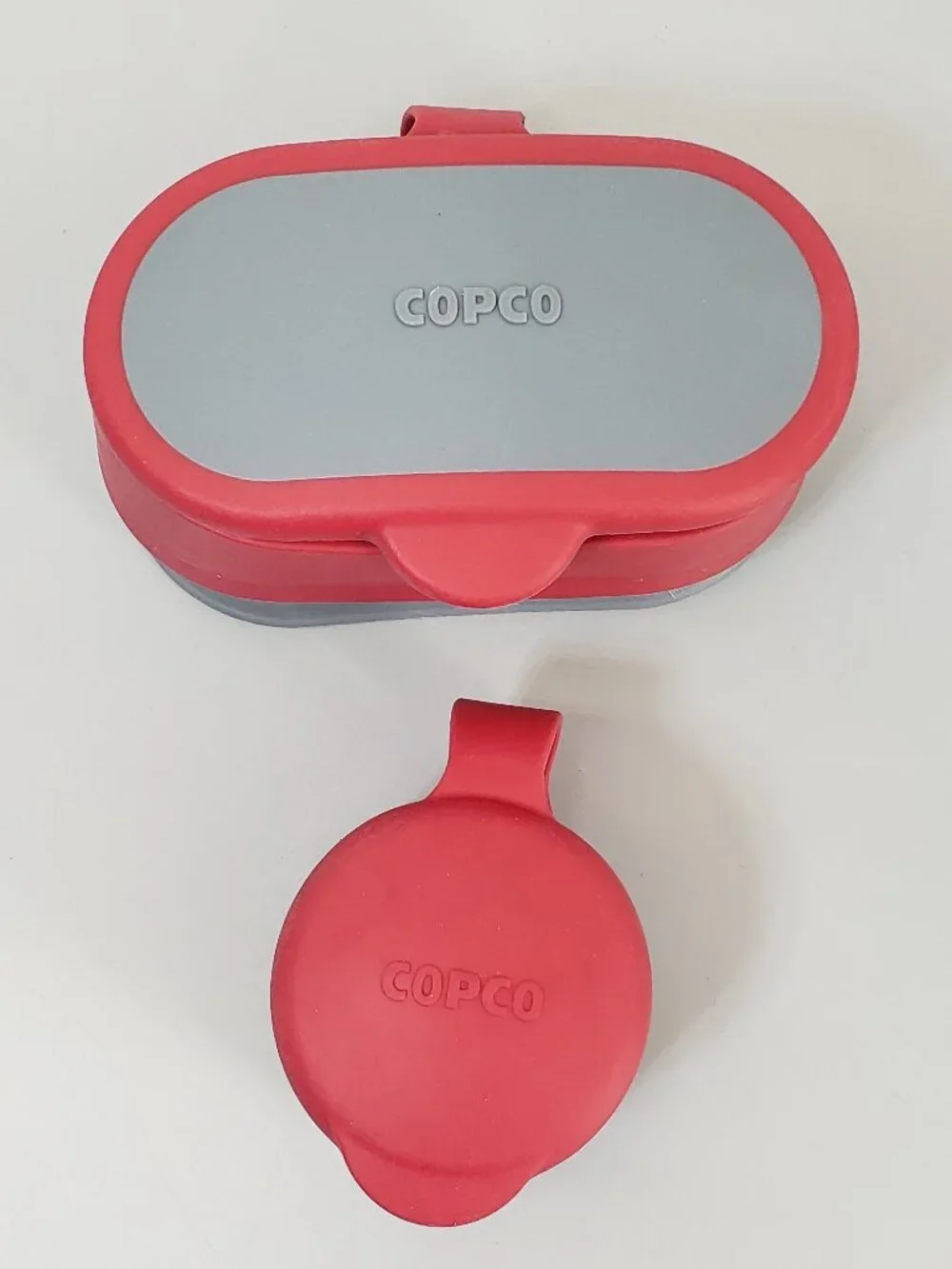 Lot of 2 Copco Bag Cap Reusable Snap Lid Bag Top - 1 large, 1 small - Red Gray
